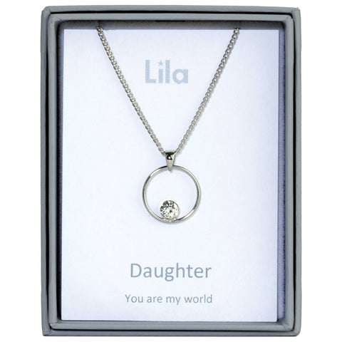 Daughter Circle & Crystal Sentiment Pendant Necklace (AS105)