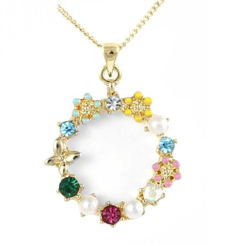 Circle Flowers & Butterfly Pendant Necklace (H1402)