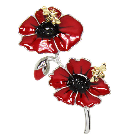 Two Poppies With Bees Poppy Brooch (P1053)