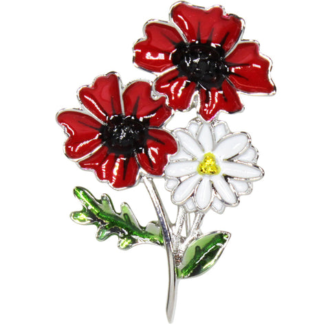 Two Poppies With Daisy Poppy Brooch (P1054)